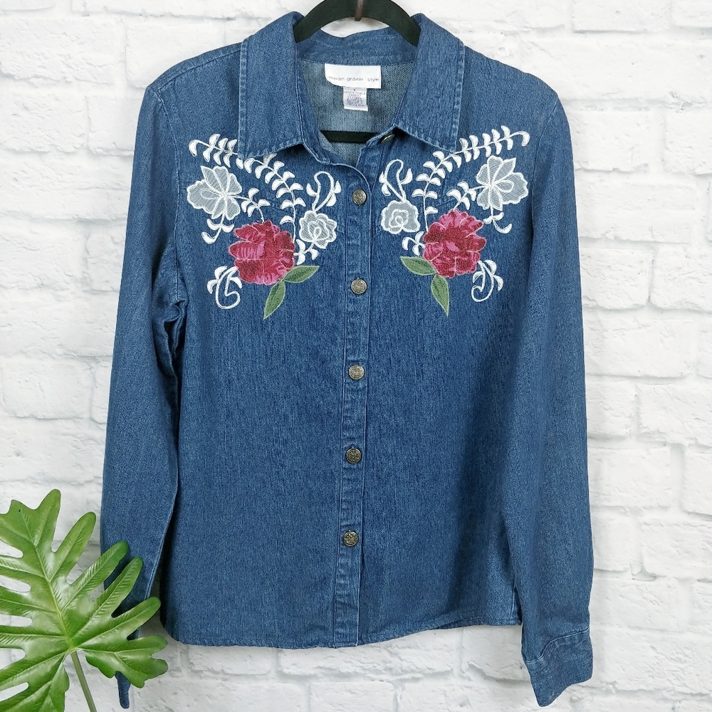 Susan Graver Style Embroidered Denim Top Small